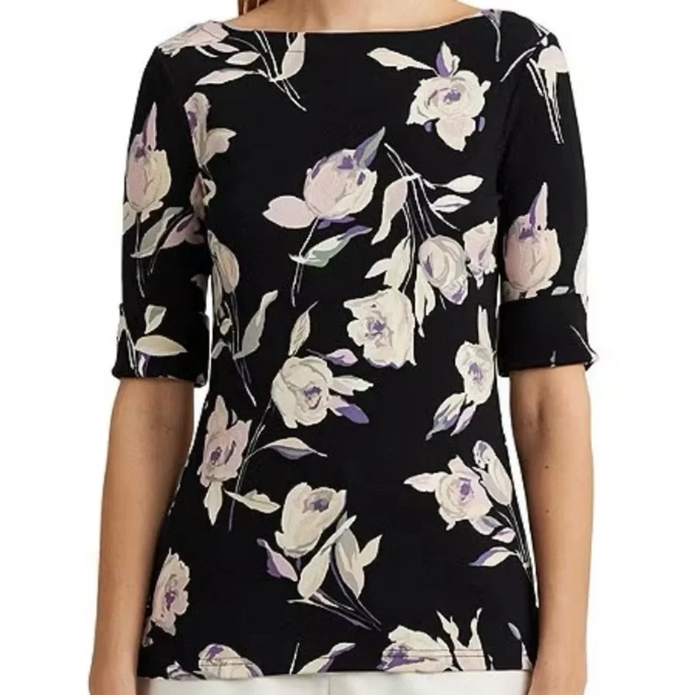 🆕 LRL Floral Stretch Cotton Slim Fit Boat
Neck Tee Shirt - Medium - Picture 5 of 6